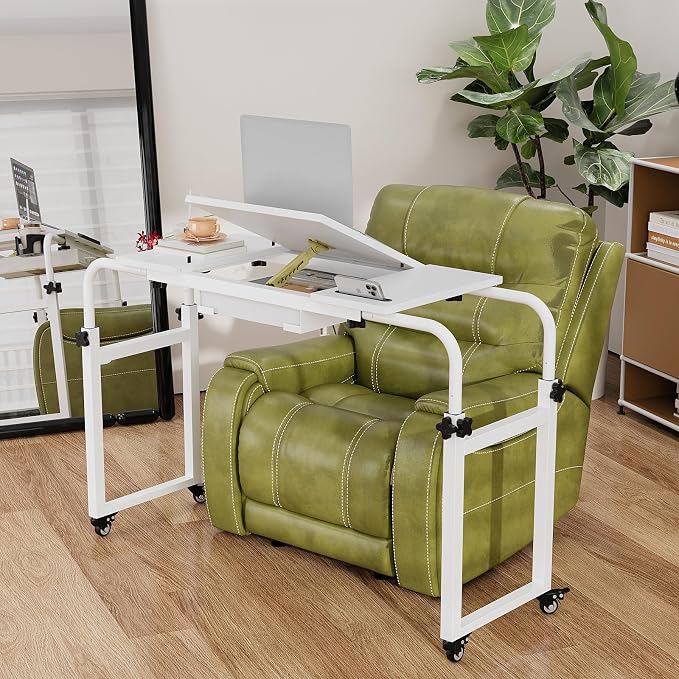 GiftGo Overbed Table with Wheels Rolling Laptop Desk Cart Table Height and Length Adjustable for Hospital and Home Use Over The Bed Table with Storage Drawer and Cup Holder (White, 31.5 to 47) - Image 2