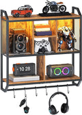 HOOBRO Gaming Floating Shelf with LED Lights, 28.7" LED Wall Mounted Shelf, 3-Tier Display Rack for Wall Storage, Floating Rack with Hanging Rod and 6 S-Hooks, Rustic Brown and Black BF70DBJ01 by HOOBRO