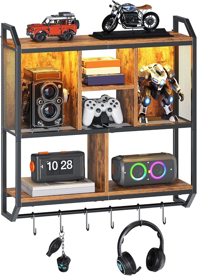 HOOBRO Gaming Floating Shelf with LED Lights, 28.7" LED Wall Mounted Shelf, 3-Tier Display Rack for Wall Storage, Floating Rack with Hanging Rod and 6 S-Hooks, Rustic Brown and Black BF70DBJ01 by HOOBRO