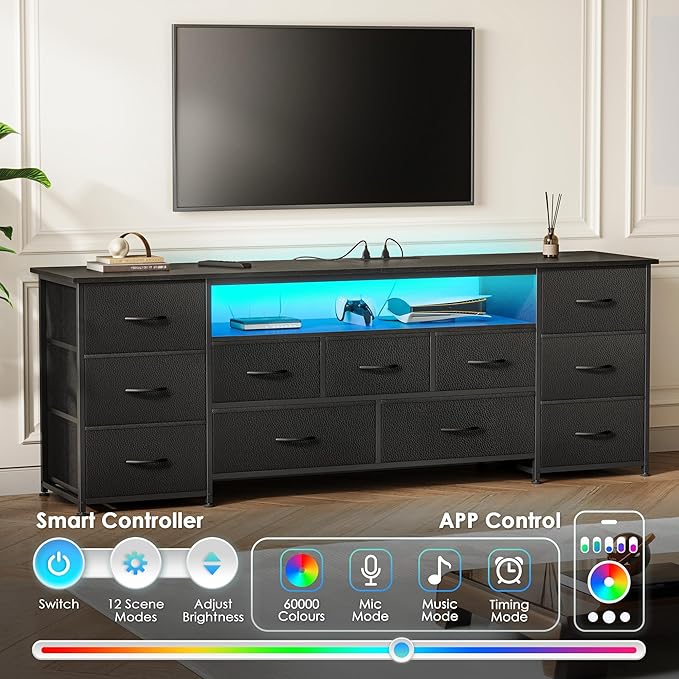 Huuger 63 Inch TV Stand for 65, 70 Inch TV, 11 Drawer Long Dresser with Power Outlets and LED Lights, Entertainment Center with Storage, Black Dresser with PU Leather Surface - Image 4