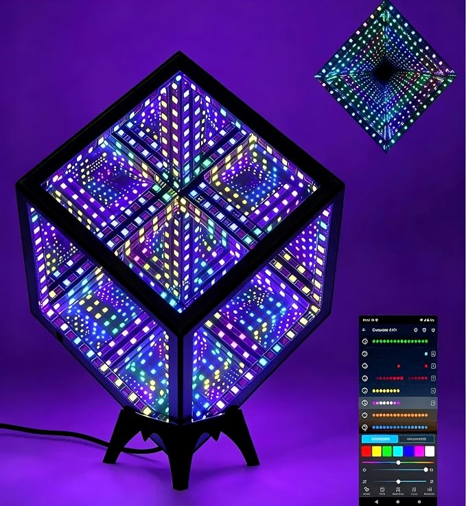 Infinity Hyper Cube LED Table Lamp - Infinity mirror desk Lamp with 100+ Patterns, Music Sync, App Control,Cool Color Changing Night Lights For Gaming,party,living room,bedroom, light display(7Inches) by Unknown