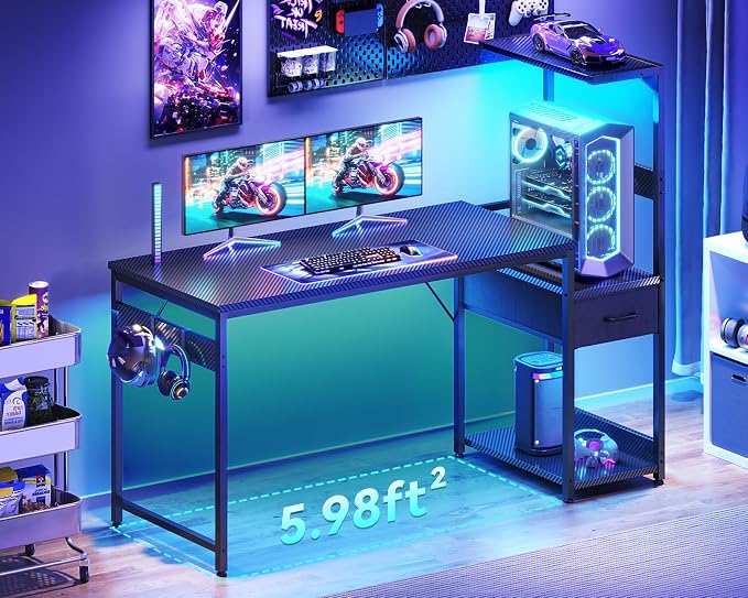 Casaottima 54'' Gaming Desk with LED Lights & CPU Stand, Reversible Computer Desk with Storage Shelves & Fabric Drawer, Modern PC Gamer Table with Headphone Hook, Carbon Fiber Black - Image 4