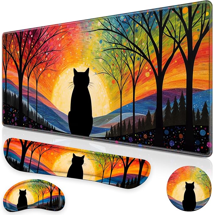 Canjoy Desk Mat with Wrist Rest, Anime Black Cats Keyboard and Mouse Pad by Canjoy