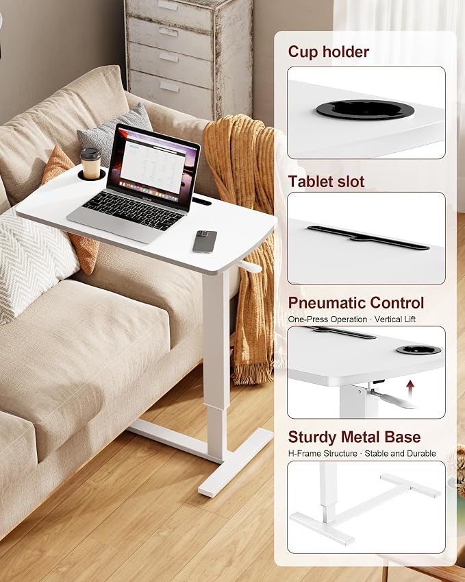 Foldable Overbed Table with Wheels, Pneumatic Adjustable Desk - Image 7
