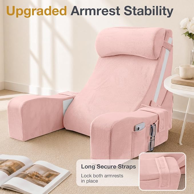 Sasttie 15-25 inch Adjustable Reading Pillow with Armrests, Pink | Back Rest Pillow with Secure Side Straps, Memory Foam Back Support Cushion Bed Chair for Reading, Gaming & Relaxing - Image 2
