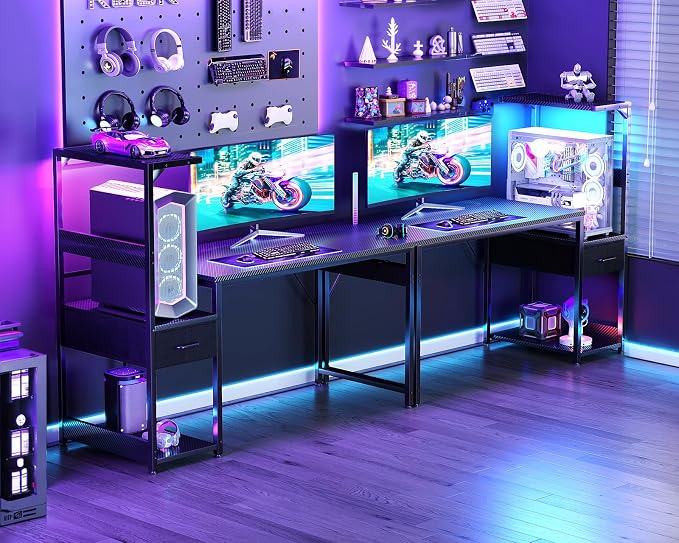 Casaottima 48'' Gaming Desk with LED Lights & CPU Stand, Reversible Computer Desk with Storage Shelves & Fabric Drawer, Modern PC Gamer Table with Headphone Hook, Carbon Fiber Black - Image 2
