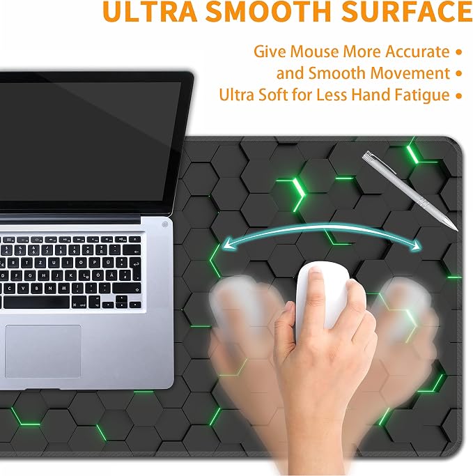 Green Hexagon Honeycomb Desk Mat, XXL 35.4"x15.7" Large Mouse Pad, Geometric Extended Gaming Mouse Mat,Non-Slip Rubber Base Waterproof with Stitched Edges for Gaming Office Home Decor - Image 5