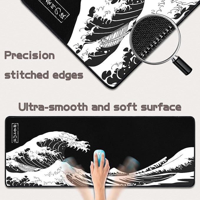 Mouse Pad Gaming - Desk Mat for Keyboard and Mouse - Kanagawa Large Mouse Pad for Desk, Japanese Sea Wave Mousepad (31.5 x 11.8inch) with Non-Slip Base, Desks Pad Mat for Game, Office and Home - Image 3