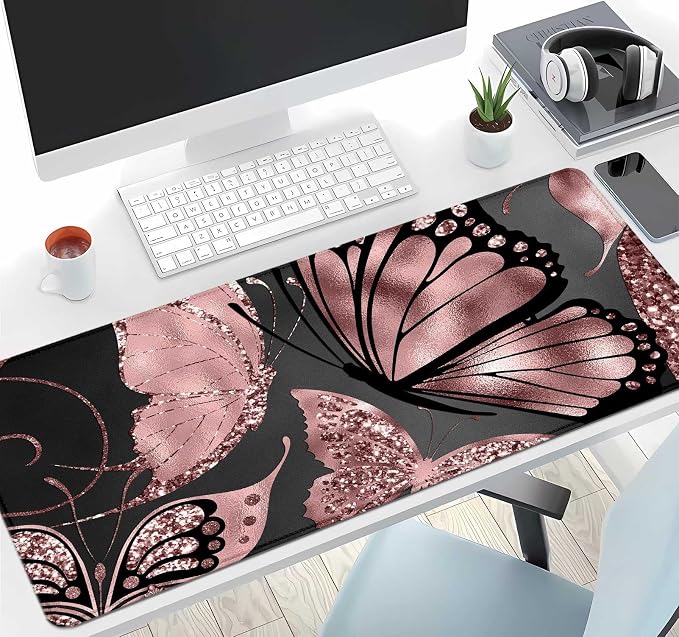 IMAYONDIA Gaming Mouse Pad for Women, Large Non-Slip Rubber Base Mousepad with Stitched Edges, Keyboard Mouse Mat Desk Pad for Work, Game, Office, 31.5x11.8 Inch - Rose Gold Glitter Foil Butterfly - Image 6