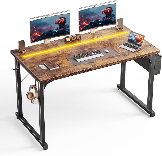 DurayLoly 48" Computer Desk with Waterproof LED Lights for Bedroom,Brown by Durayloly