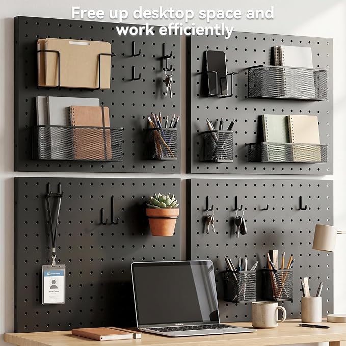 Black Peg Board Wall Organizer, Heavy Duty 4-Panel Pegboard, Each 16" X 12" Metal Peg Wall, Peg Board Garage Organization, Pegboards For Wall, Tool Storage, Office Organization, Craft Room - Image 3