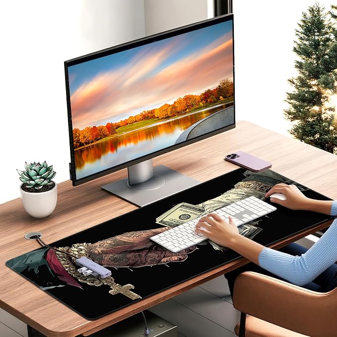 Extended Gaming Mousepad with Cross and Dollar Bill Designs, 35.4 x 15.7 inches, Featuring a Non-Slip Base and Waterproof Surface, Suitable for Home Office and Work environments. - Image 2