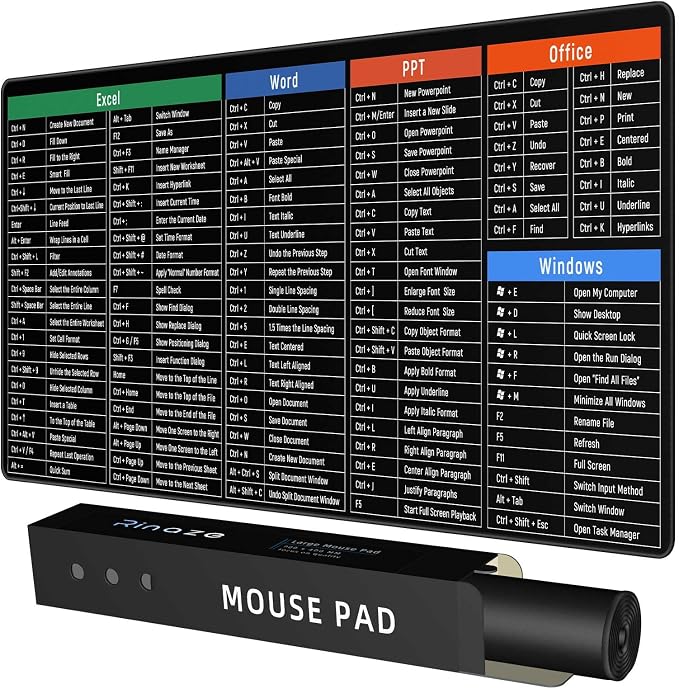 Rinaze Large Mouse Pad Desk Mat with Excel Shortcuts Cheat Sheet, Anti-Slip Keyboard Pad with Multifunctional, Gaming Mousepad, Office Desk Accessories for Computer, MacBook, PC and Laptop by Rinaze