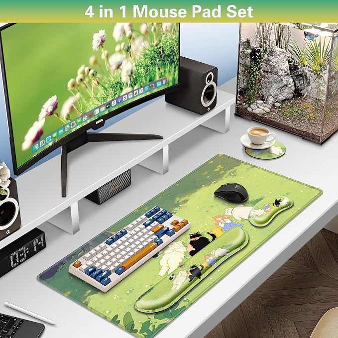 Canjoy Desk Mat with Wrist Rest, Anime Desk Pad for Keyboard and Mouse 4-in-1 Cute Cat Mouse Pad + Keyboard Wrist Rest+ Coaster(35.4×15.7 in) Extended Desk Pad Memory Foam Non-Slip Desk Mat - Image 2