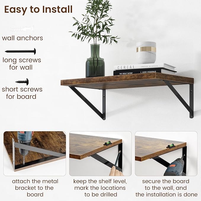Axeman Deep Floating Shelves - 20 Inch Floating Shelves Set of 2-12 Inch Deep Brown Wood Wall Shelves for Living Room Bathroom Kitchen - Image 6