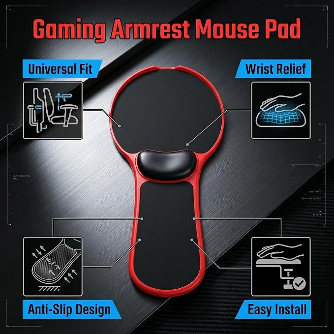 Ergonomic Adjustable Chair Arm Rest Mouse Pad with Wrist Cushion,Mouse Extension Platform Tray with Anti-Fall Baffle, Chair Attachment Arm Support with Straps (Red) - Image 4