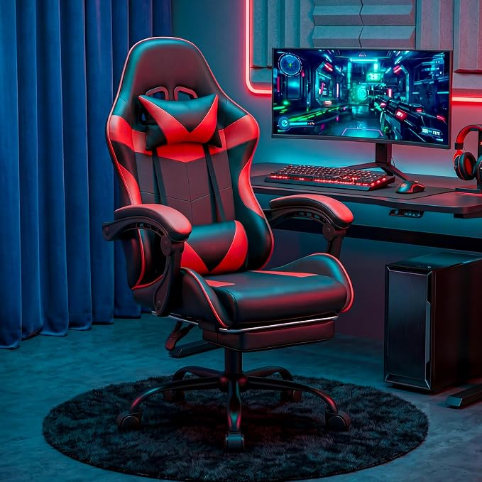 Gaming Chair, Ergonomic Footrest, Lumbar & Headrest(Red Black) | Steel frame, PVC leather & memory foam; 330 lb; 21" seat; 360° swivel, 90–155° recline; easy assembly; gaming & work - Image 2