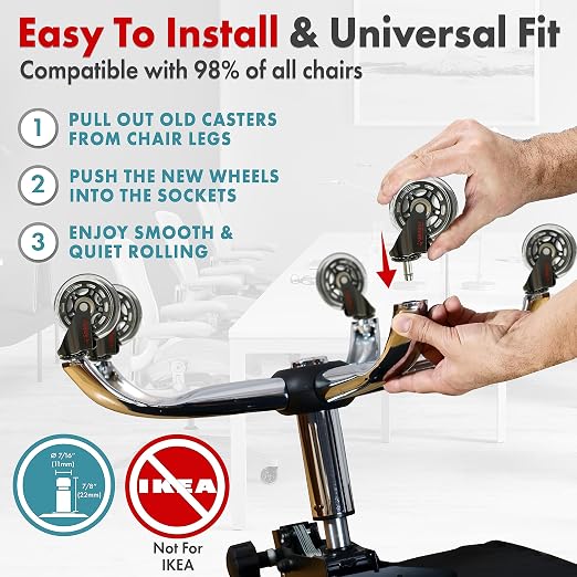 Office Chair Wheels Replacement Set of 5 - Desk Chair Casters for Hardwood & Carpet - Heavy Duty & Safe for All Floors - Universal Fit for Most Computer Gaming & Office Chairs - 3 Inch - Image 5