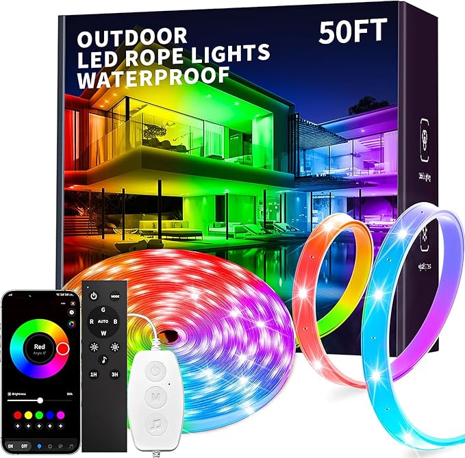 KSIPZE 50ft Outdoor led Strip Lights Waterproof IP68, RGB Outdoor led Lights with Button & Bluetooth App Control, Music Sync, Timer, Exterior Led Rope Lights for Decor Balcony, Roof, Garden, Pool by KSIPZE