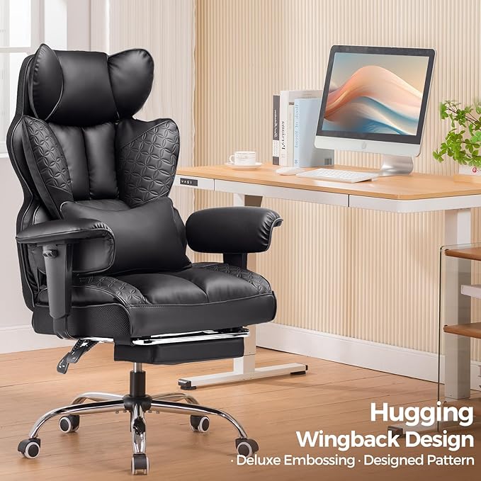 COMHOMA Big and Tall Office Chair Heavy Duty Wide Ergonomic Gaming Chair with Deluxe Embossing Leather with Foot Rest 150°Reclining Adjustable Armrests Pocket Spring Back Support and Without Pillow - Image 3