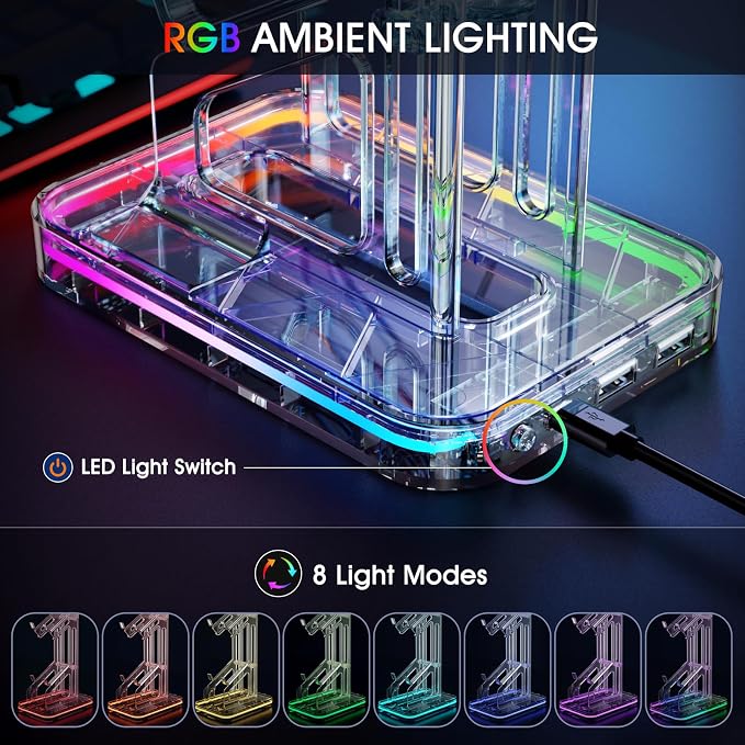 Luckit Gaming Headphones Stand, RGB Headset Stand with 2 USB Charging Ports, Dual Controller Holder with Light Modes, Earphone Hanger Accessories for Desktop Gamer - Image 2