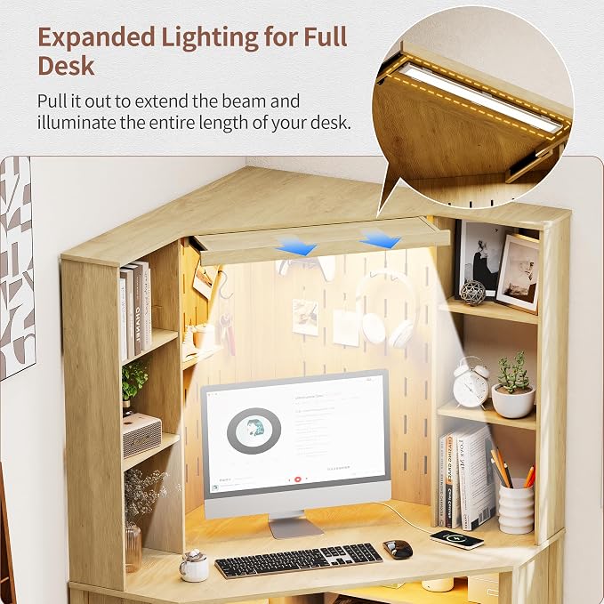 HNEBC Home Office Desk with Power Outlet & Chariging Station,L-Shaped Corner Desk with Pull-Out LED Lights,Computer Desk with Hutch & 10 Shelves,Pegboards for Work & Study,Natural - Image 4