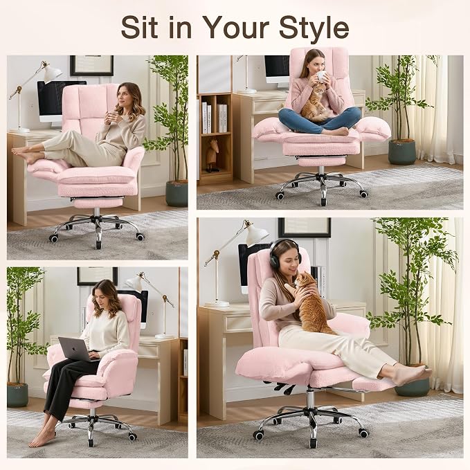 JOMEED Cloud Cross Legged Office Chair with Footrest,Flip Armrest,Pink | Ergonomic Teddy Big and Tall Executive Chair with Wheels,155° Reclining Computer Wide Desk Chair for Home,Office - Image 5