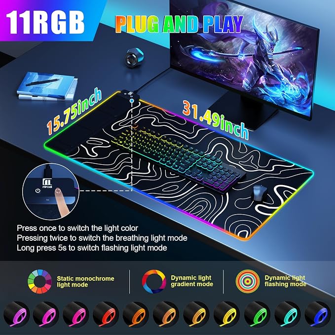 Mouse Pad with Phone Holder, Wireless Charging Desk Mat, RGB Gaming Mousepad Home Office Large Desk Pad with Ultra-Smooth Surface, Non-Slip Base, Waterproof Keyboard Pad,Topographic Black - Image 4