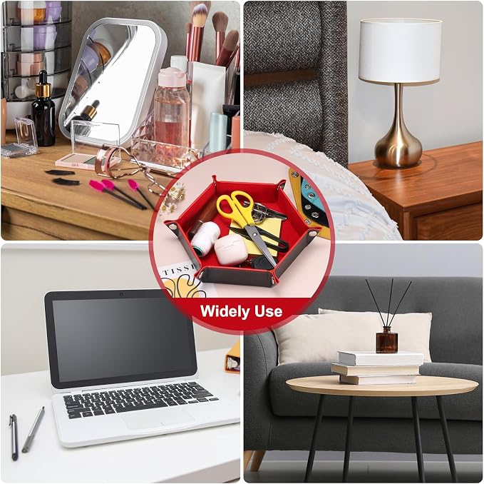 HARFINGTON PU Leather Dice Tray Unisex Valet Tray Folding Hexagon Tray Portable Entryway Table Nightstand Bedside Desk Holder for Key Wallet Watch Coin Jewelry, Orange - Image 7
