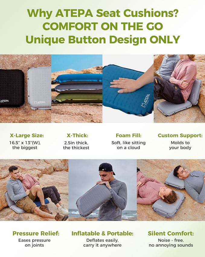 ATEPA Inflatable Seat Cushion | 2" & 2.5" Foam Core Seat Pad, Compact, Stadium, Airplane, Travel, Camping, Hiking, Sports Events, Self Inflating - Image 4