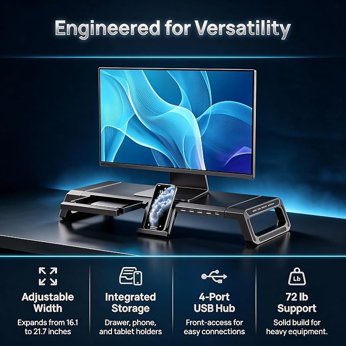 Computer Monitor Stand Riser with Storage Drawer, USB Hub, RGB | Adjustable 16.1-21.7 in width; holds 72 lb; phone holder; fits a wide monitor or laptop; gaming desk organizer, black - Image 2