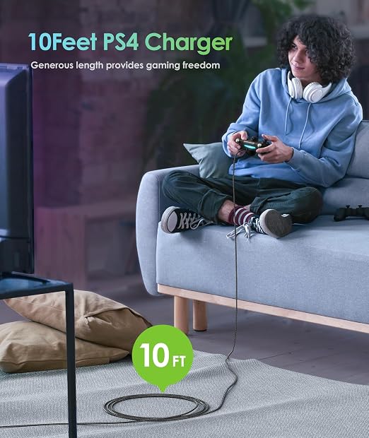 6amLifestyle PS4 Charger Cable for Controller, 2 Pack 10ft Micro USB Nylon Braided Cord, Micro USB Wire for PlayStation 4, Cables Slim/Pro, Xbox One S/X Controller, Android Phones, 2 Pack Black - Image 2