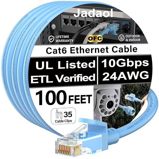 Jadaol [UL Listed Cat6 Ethernet Cable 100FT with Clips 10Gbps 24AWG, Blue by Jadaol