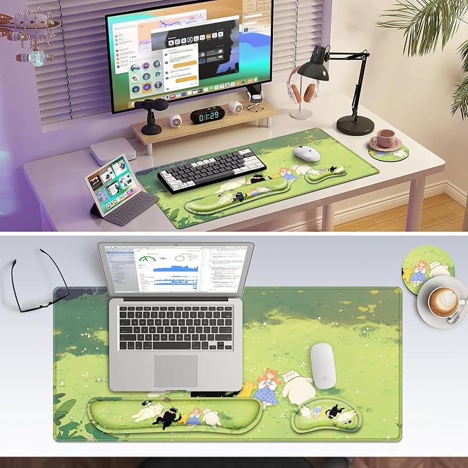 Canjoy Desk Mat with Wrist Rest, Anime Desk Pad for Keyboard and Mouse 4-in-1 Cute Cat Mouse Pad + Keyboard Wrist Rest+ Coaster(35.4×15.7 in) Extended Desk Pad Memory Foam Non-Slip Desk Mat - Image 7