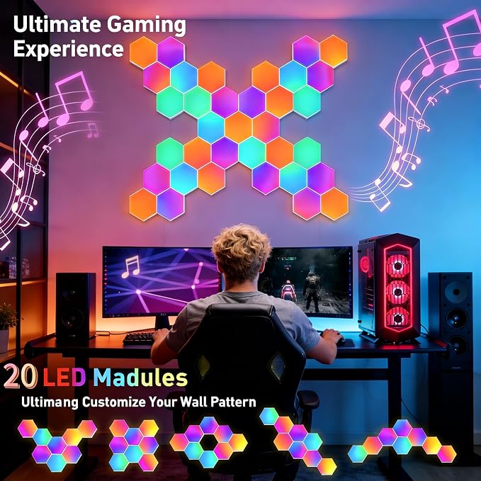 TISOFU 20 Pack Hexagon Lights LED Wall Panels, RGB Gaming Lights with APP/Music Sync & Remote, DIY Smart Modular Hexagonal Honeycomb Glide Hex Tiles Panel, Bedroom Party Decor Gifts - Image 3