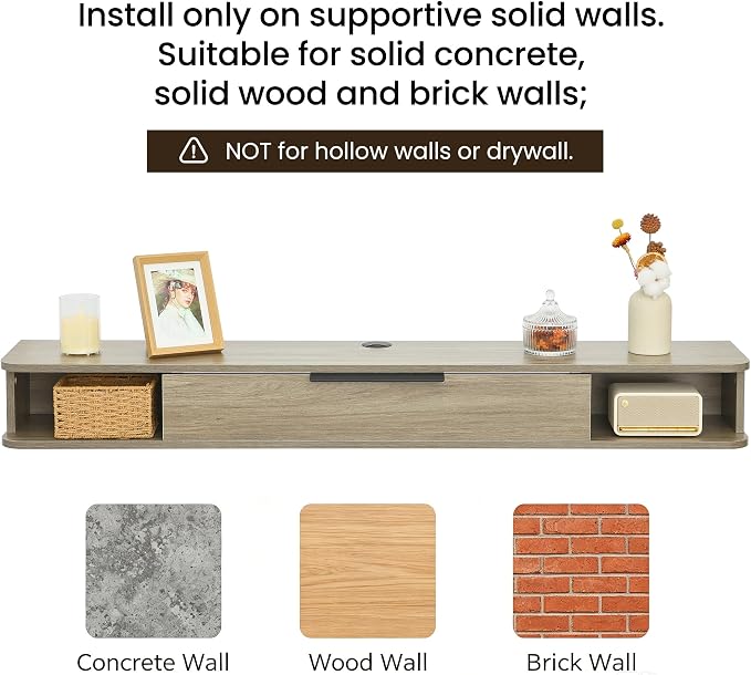 Floating TV Stand, 55" Wall Mounted TV Cabinet, Wood Media Console for TVs up to 65", Entertainment Center with Storage for Living Room, Under TVs Shelf for DVD Player, Wood Grain Grey - Image 3