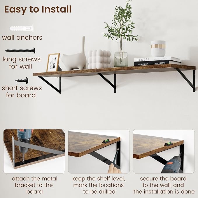 Axeman 12 Inch Deep Floating Shelves for Wall - 55 Inch Wide x 12 Inch Deep Wall Shelves Set of 2 - Rustic Wood Floating Shelves for Living Room - Image 6