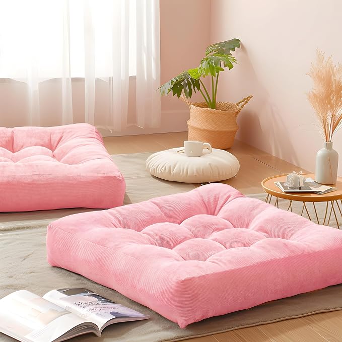 Floor Pillows Set of 2, Large Meditation Cushion for Adults, 22 Inch Square | Reading nook & office use, Tatami seating, Corduroy cover, 3.5 in thick, Shredded memory foam fill, Pink yoga pad by DegreesofComfort