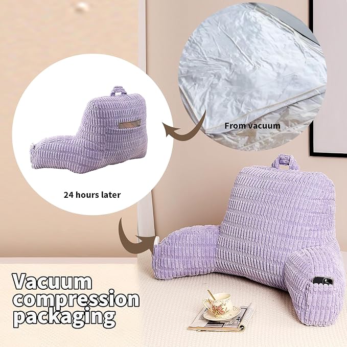 Reading Pillow for Sitting in Bed with Arm,Purple Corduroy,M | Sitting Pillow for Teens Back Support,17" Backrest Pillow Supports Reading,Gaming & Relaxing in Bed,Couch,or Floor - Image 4