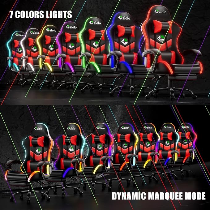 Czlolo Gaming Chair, RGB LED Lights Computer Chair with Footrest, Lumbar Support Massager Gamer Chair, High Back, 90-135° Reclining, Linkage Armrests, Crimson - Image 5