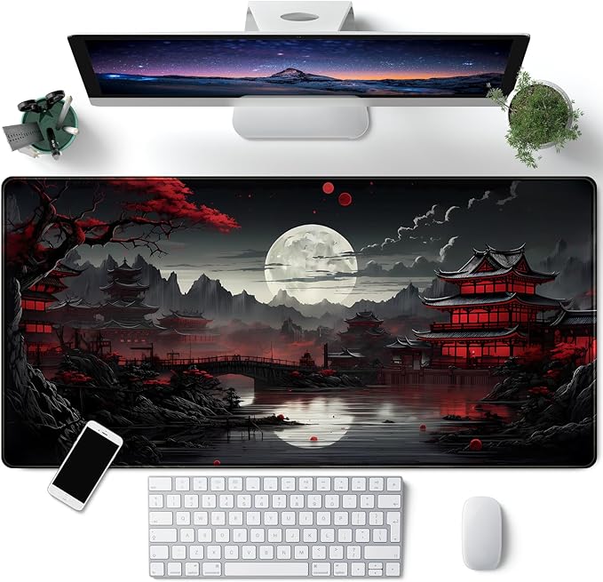 Japanese Desk Mat Riverside Full Moon Desk Pad Black Red Large Mouse Pad Gaming Mousepad Extended XXL Keyboard Pad 31.5 x 15.7 in Laptop Computer Mouse Keyboard Mat for Office Desk Decor by CYZFF