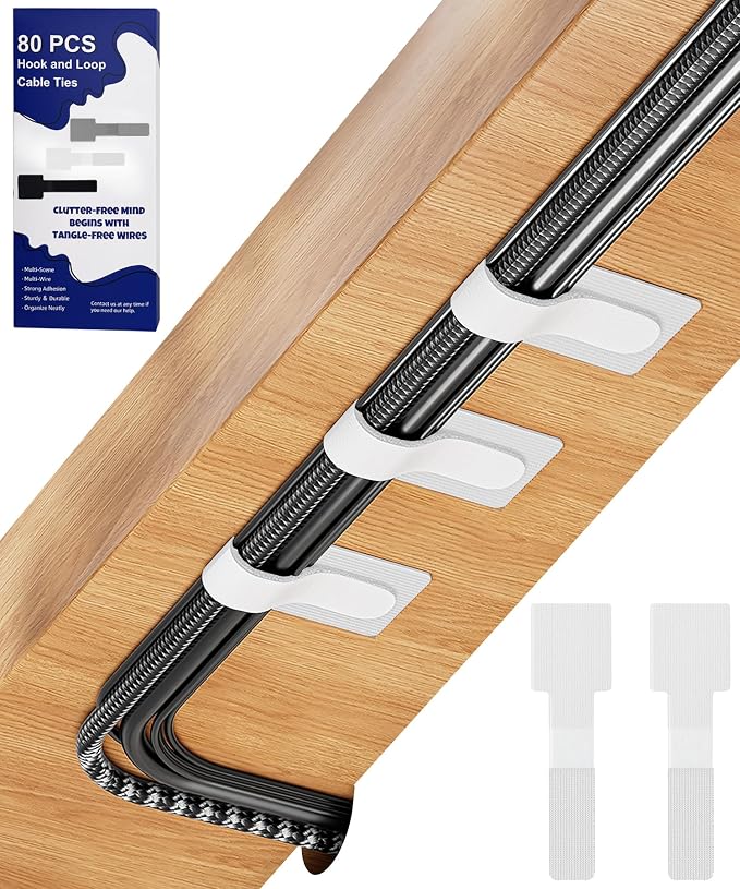 80PCS Hook and Loop Cable Ties, Under Desk Cable Management, Adhesive Cable Straps, Cord Management Hider Idea, Cord Organizer for Desk, Computer Accessories, Home Office Organization, White by BTPIEL