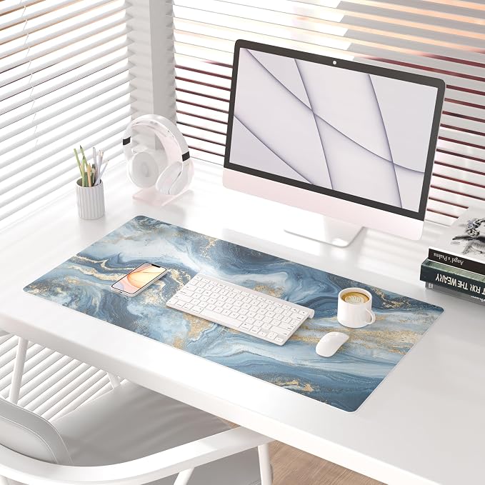 QiyI PU Leather Large Mouse Pad, 31.5" x 15.7", Blue White Marble | Desk Décor Accessories, Extended Size, Waterproof & Easy to Clean, Smooth Surface, Non Slip Desk Organization - Image 2