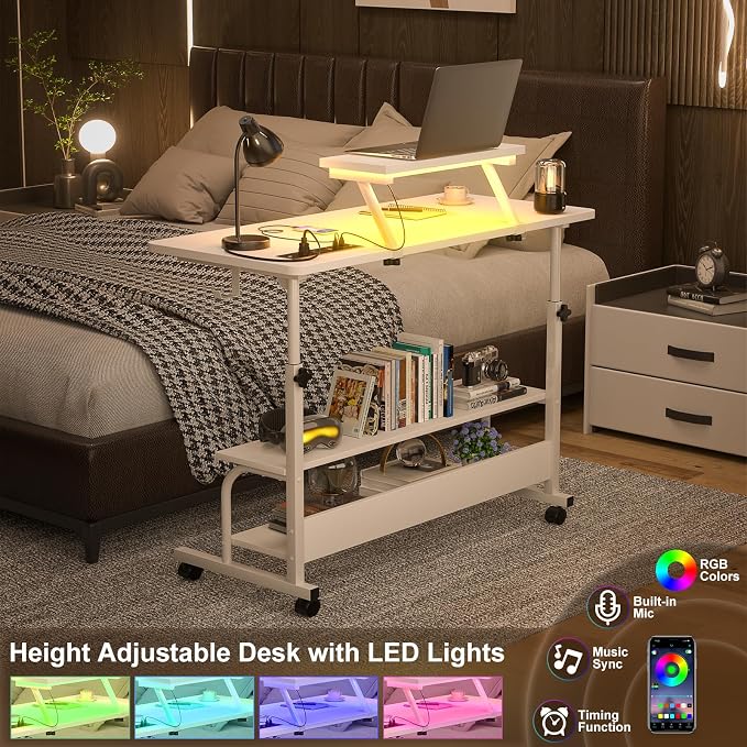 Height Adjustable Standing Desk with Power Outlets and LED Lights - 39" Manual Stand Up Desk with Monitor Stand and Storage Shelves Small Mobile Rolling Computer Desk Portable Laptop Table, White - Image 5