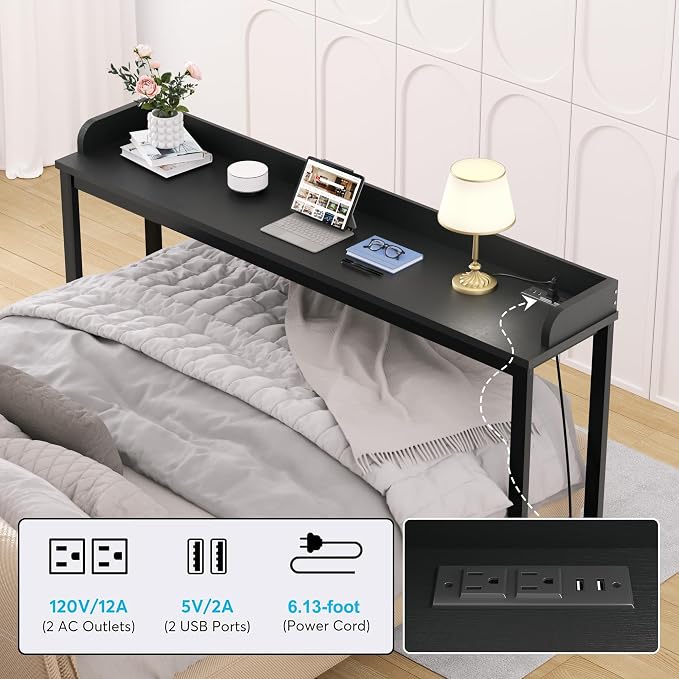 Ytaoka Overbed Table with Wheels, 70.8" Queen Size Bed Table Over the Bed Table with Charging Station, Rolling Laptop Table Over Bed Desk with 2 AC Outlets and 2 USB Ports for Home and Hospital, Black - Image 5
