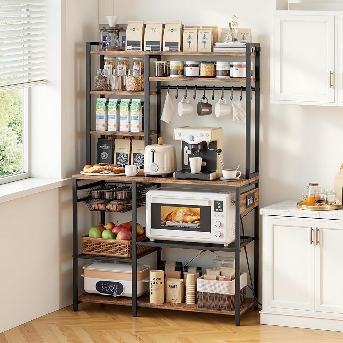 VEVOR Kitchen Bakers Rack with Power Outlets, 35.4x15.7x70.9 Inch Microwave Stand with Built-in Power Strip & 5 Ft Cord, 10 S-Shaped Hooks, for Dish Storage, Spice Jars, Coffee Bar Organization - Image 8