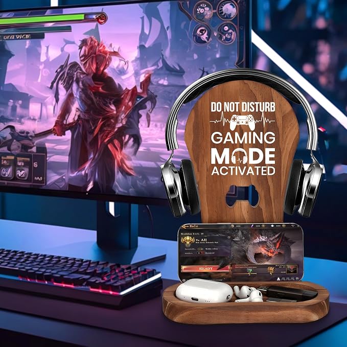 Gamer Gifts for Gamer Lovers Teenage Boys Men - Gaming Headphone Stand | Christmas Gaming Room Decor Wooden Headset Holder, Son Boyfriend Husband Gamer Gifts -Don't Disturb Gaming Mode Activated - Image 4