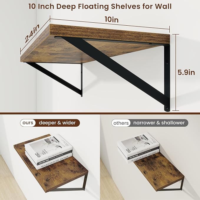 Axeman Deep Floating Shelves, 24'' x 10'' Brown Wall Shelves Set of 2 - Image 3