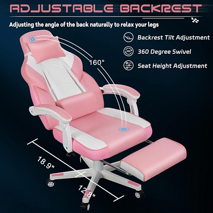 Big and Tall Gaming Chair for Adults, 330lbs Heavy Duty Computer Chair with Footrest & Massage Lumbar Support, Wide Seat High Back Reclining Desk Chair, 360° Swivel, Pink - Image 3
