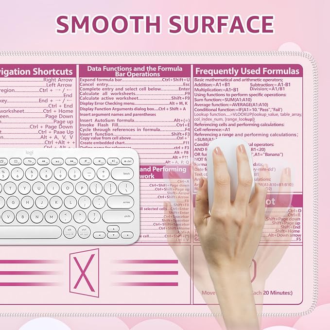 iCasso Excel Cheat Sheet Desk Pad, Pink Excel Shortcuts | Excel Mouse Pad Shortcuts, Excel Shortcuts Cheat Sheet Keyboard Mat, Extended Large XXL Non-Slip mousepad with Stitched Edges - Image 8